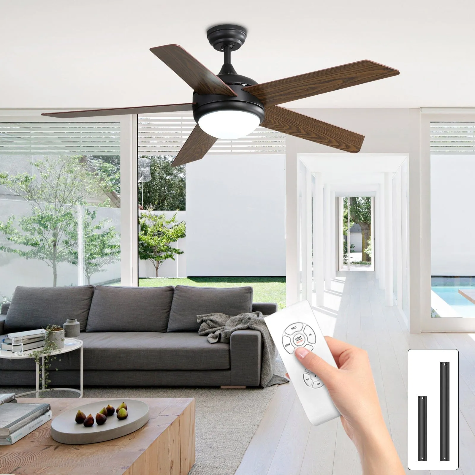 52 Inch Wooden Blades Ceiling Fan with LED Lamp Light Dimmable and Remote