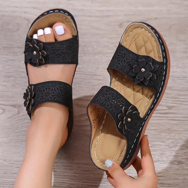 Amozae Fashion Flower Wedges Slippers for Women Summer Casual Slip On Platform Sandals Woman Comfortable Non Slip Flip Flops Plus Size