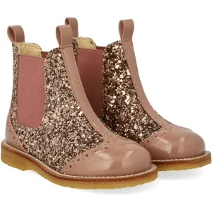 Angulus Clay/Clay Glitter/Rosa Chelsea Støvle Med Glitter Og Brogues Detaljer