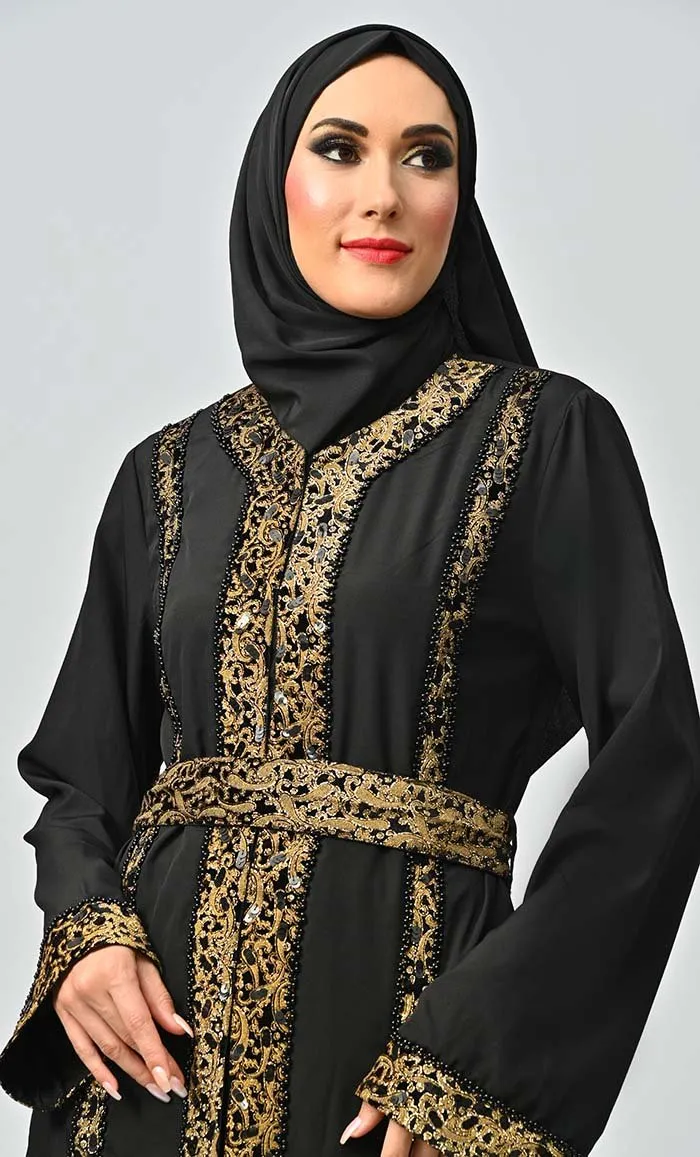 Arabic Moroccan Style Abaya With Hand Embroidery And Lace Detailing