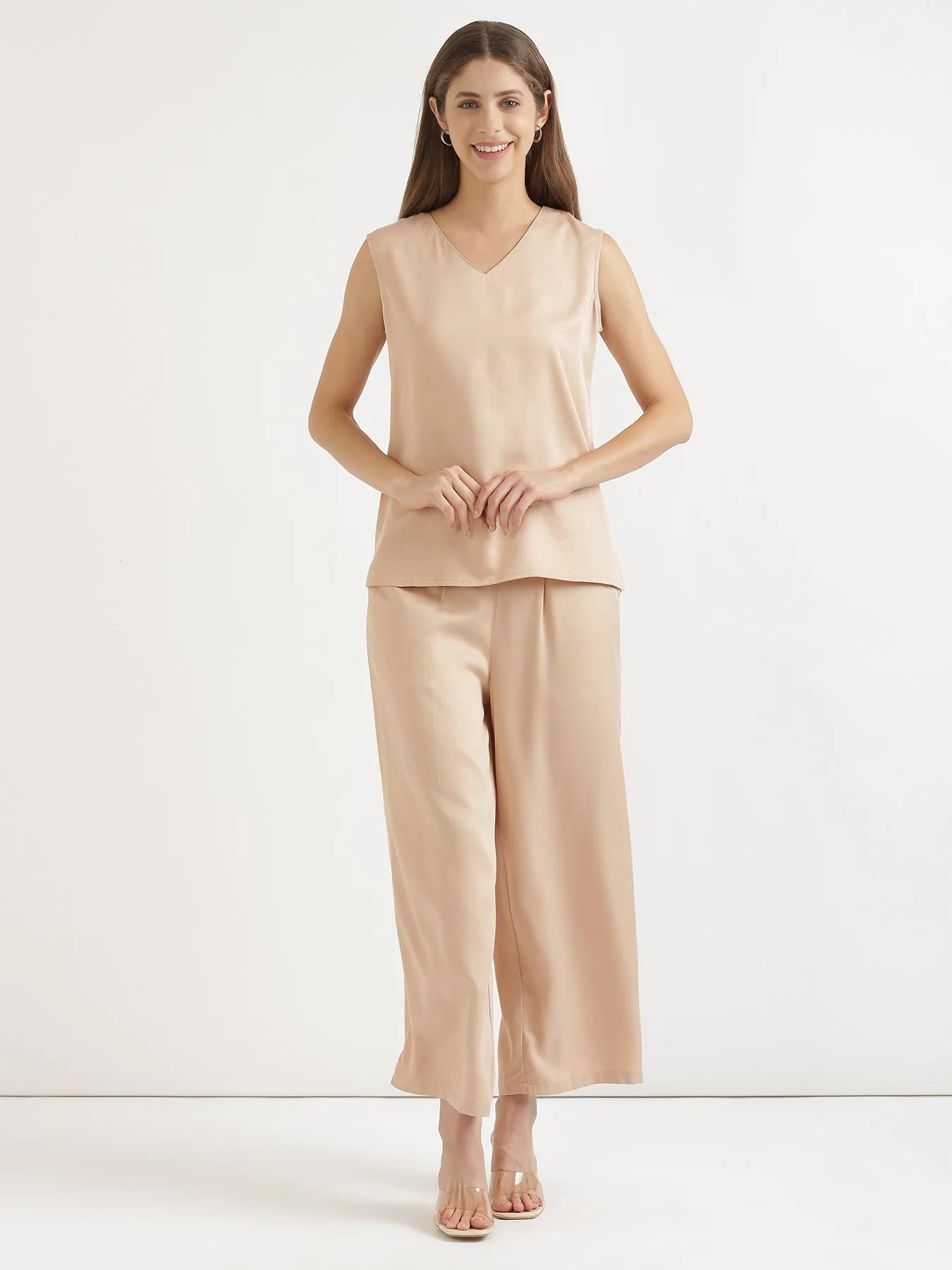 Beige V-Neck Sleeveless Top