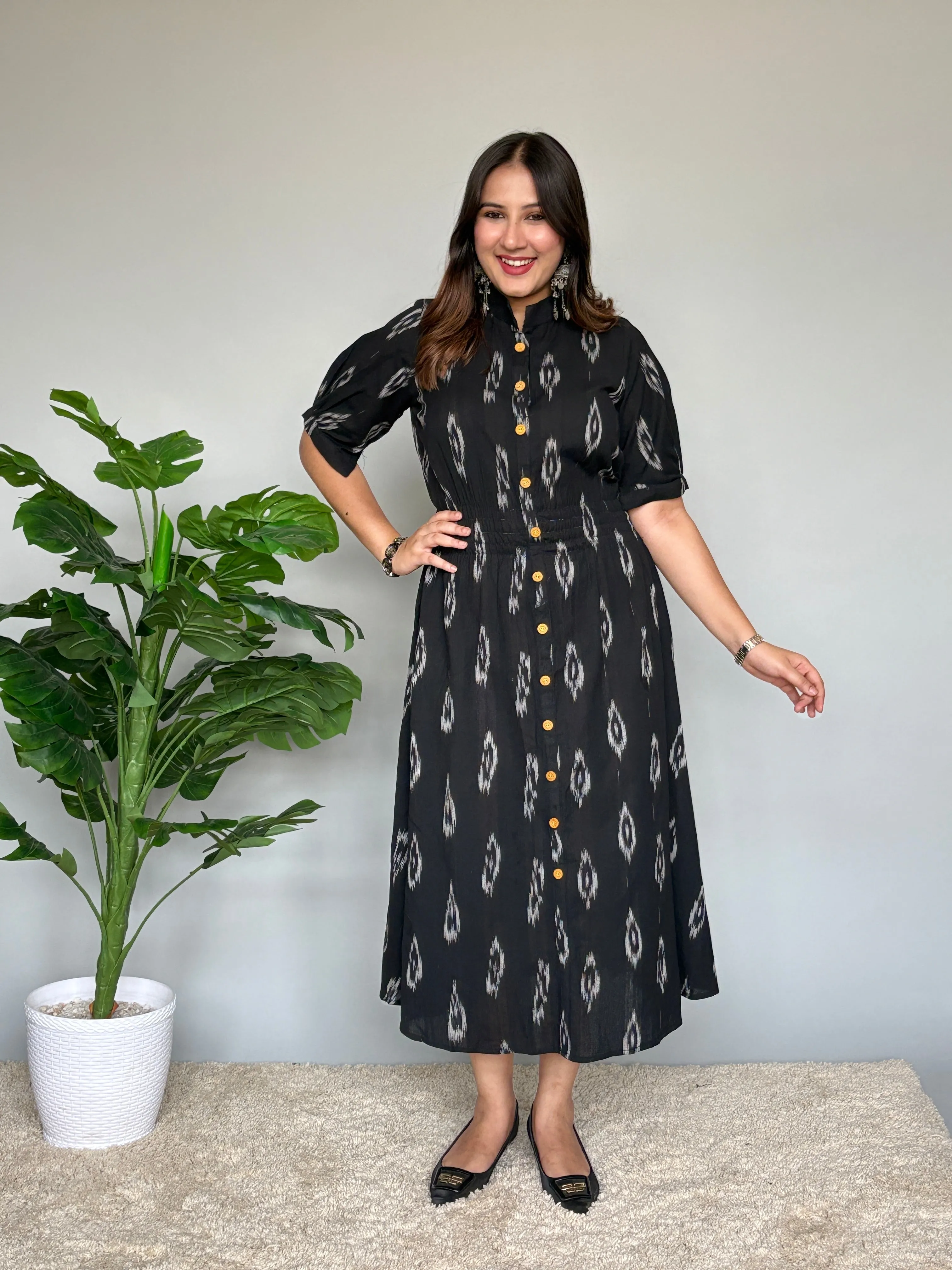 Black Ikat Dress With Puff Sleeves