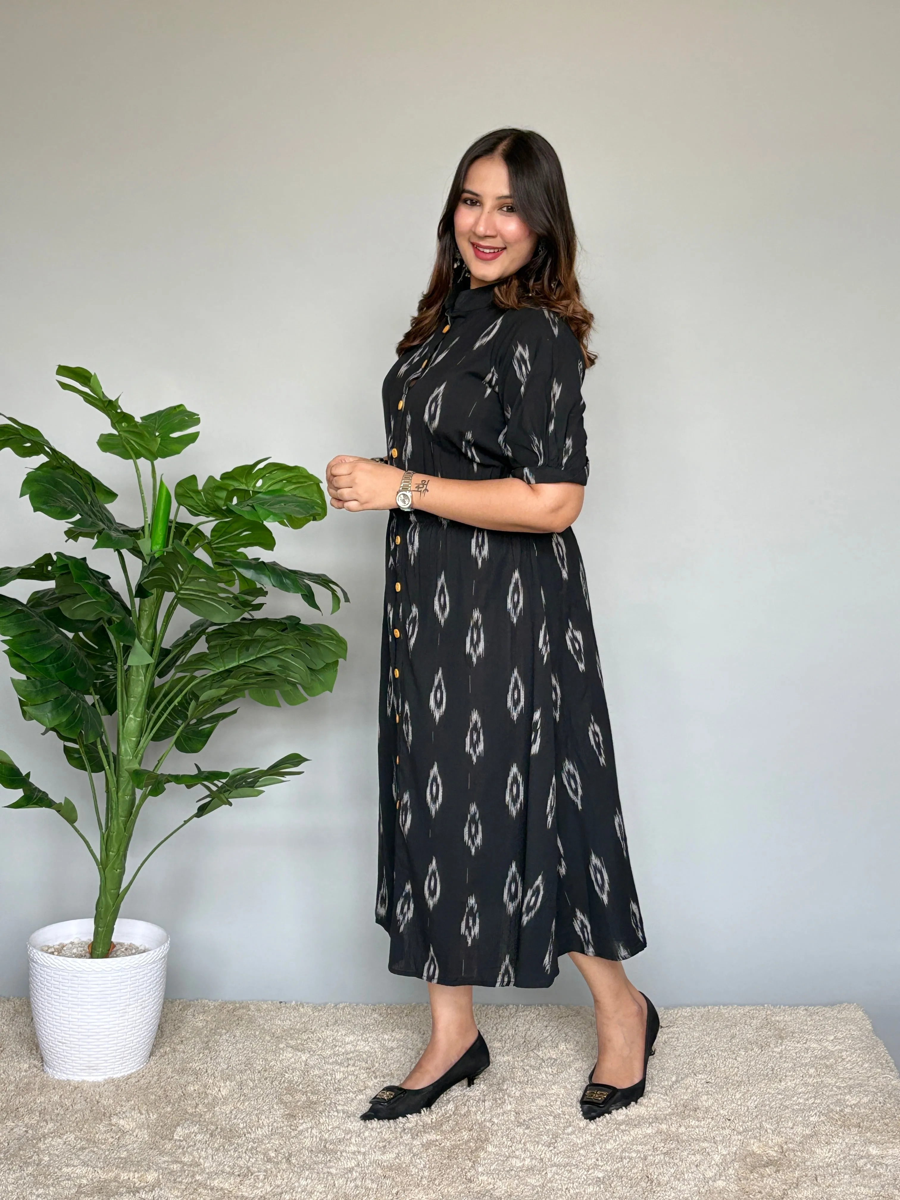 Black Ikat Dress With Puff Sleeves