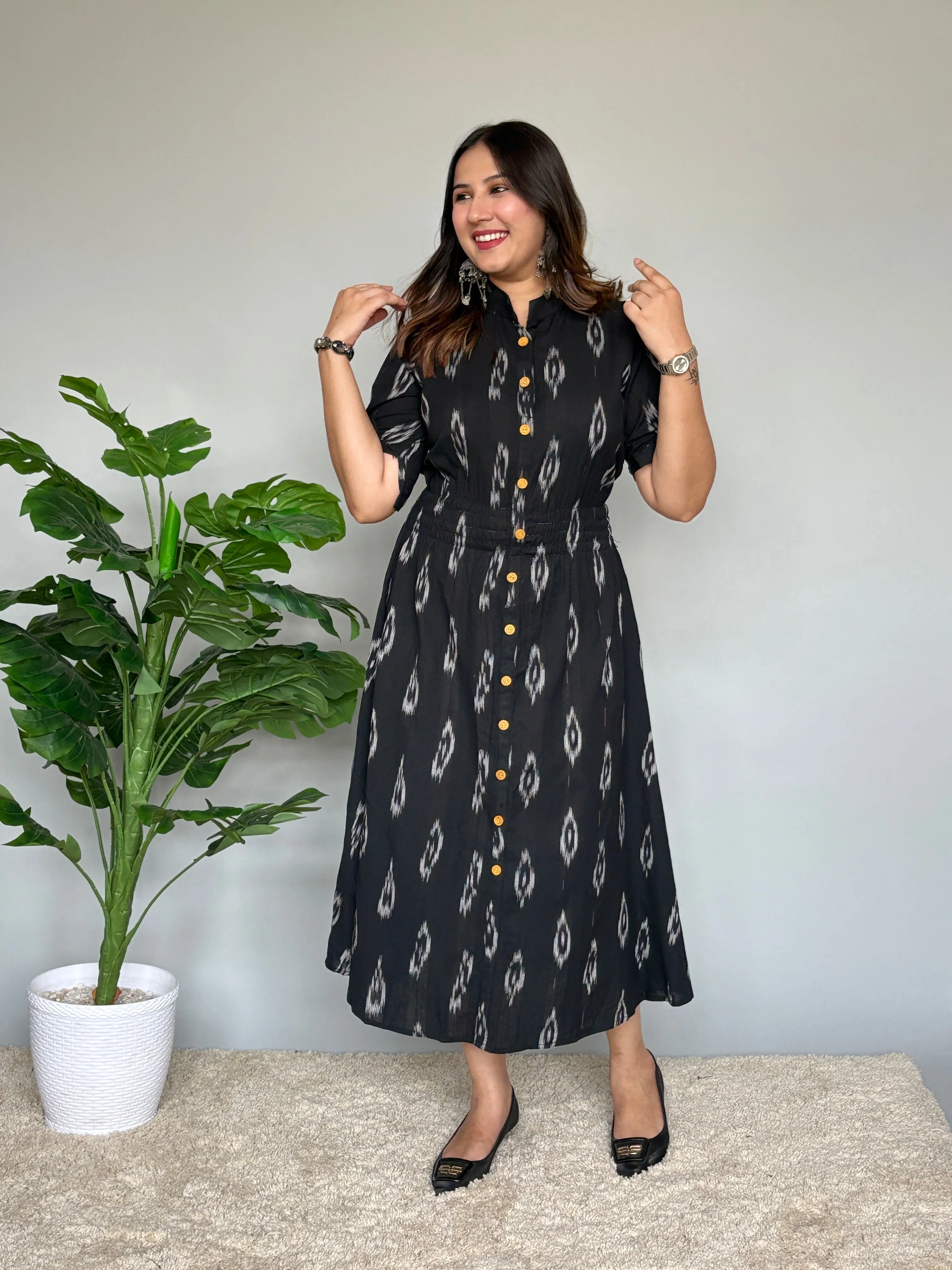 Black Ikat Dress With Puff Sleeves
