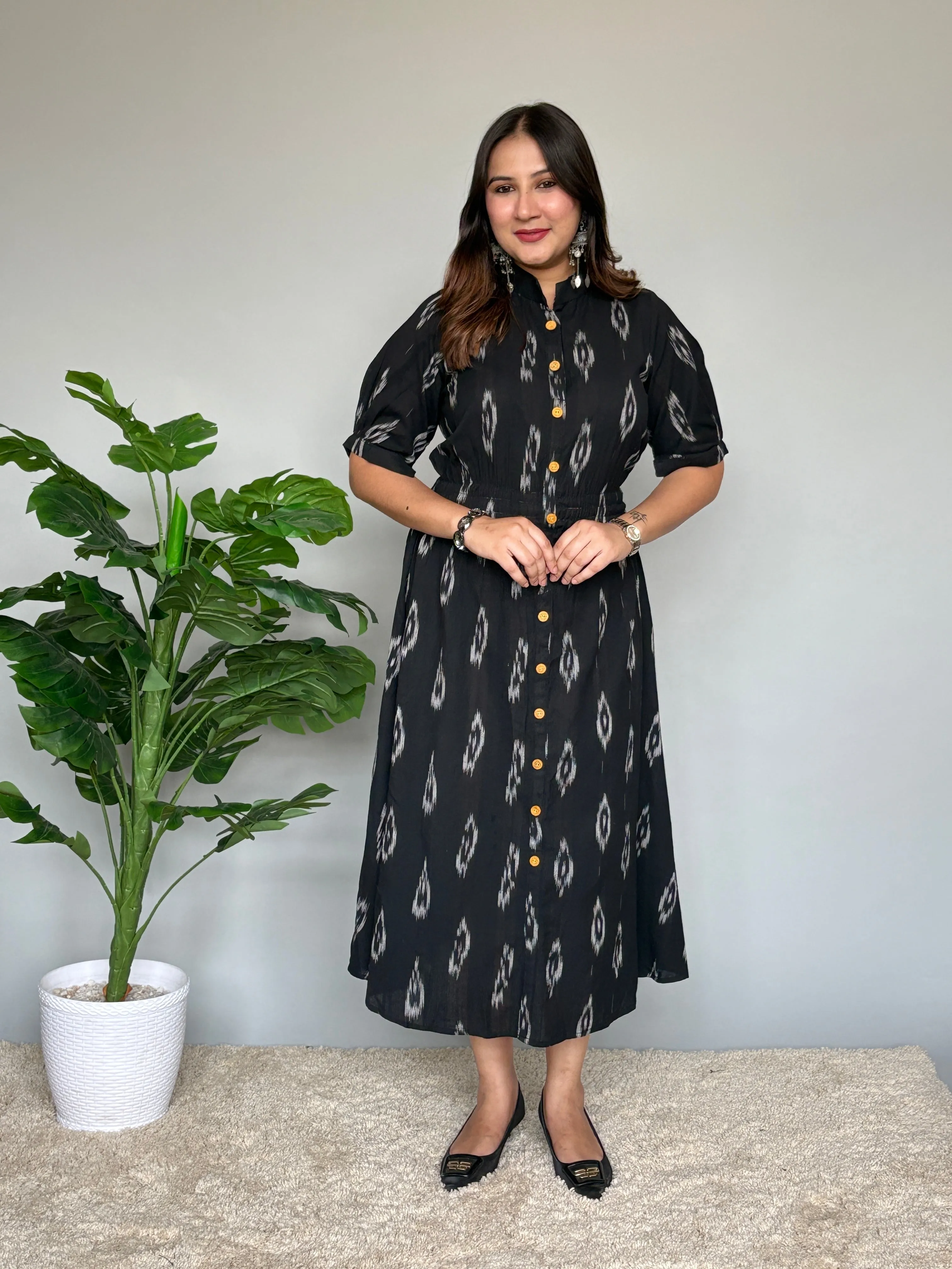 Black Ikat Dress With Puff Sleeves