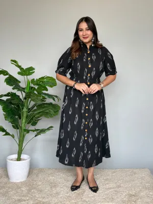 Black Ikat Dress With Puff Sleeves