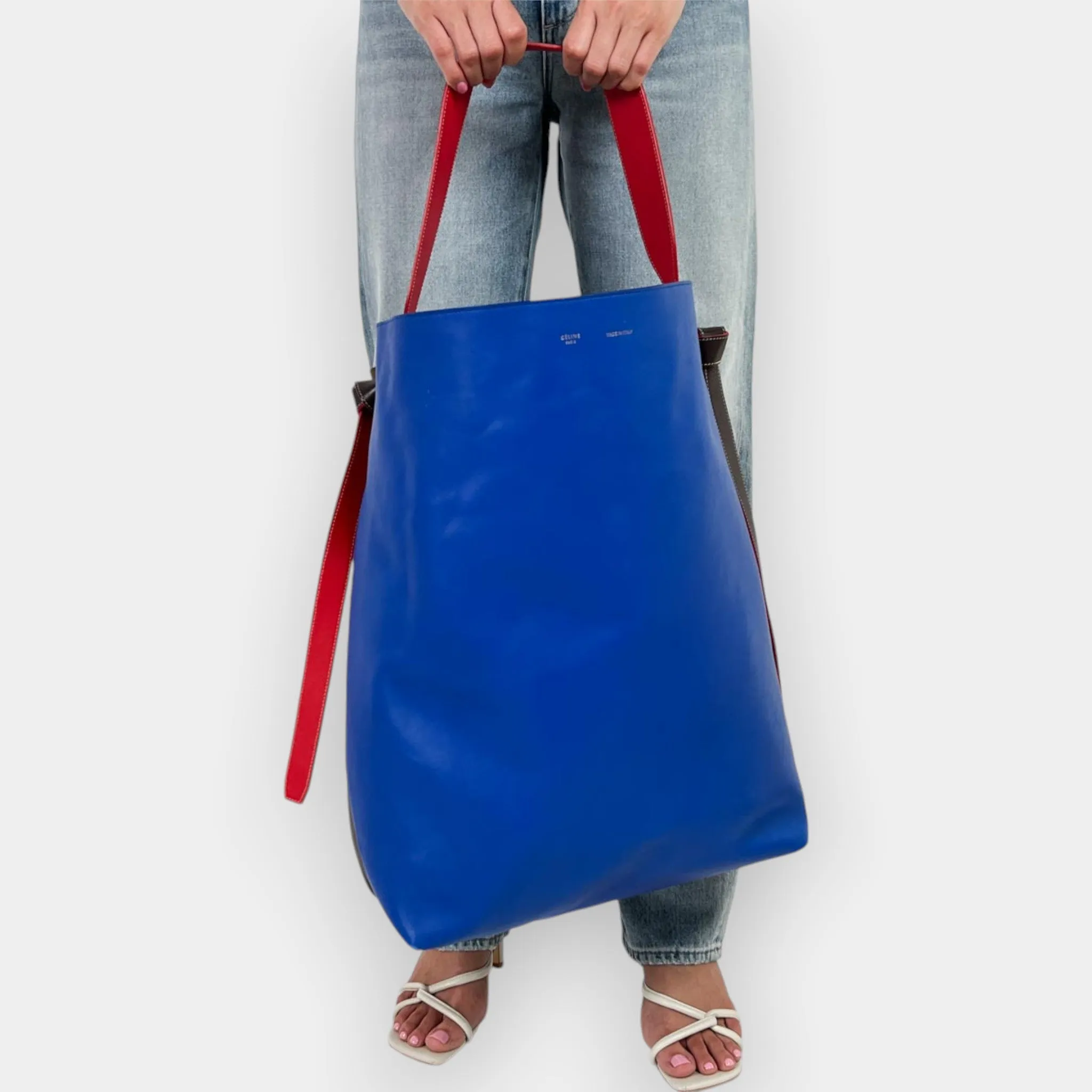 Celine Blue & Olive Brown Leather 'Twisted' Oversized Large Tote Bag