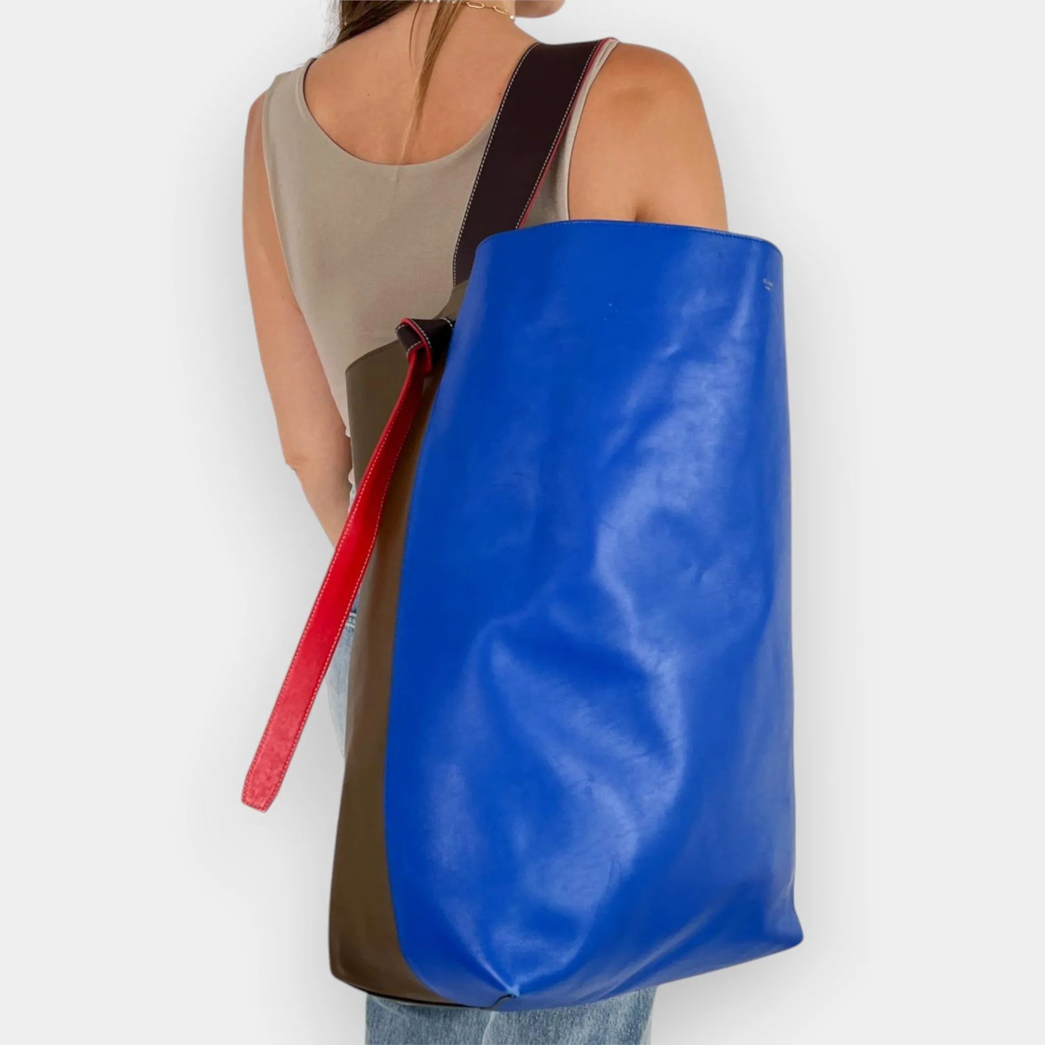 Celine Blue & Olive Brown Leather 'Twisted' Oversized Large Tote Bag