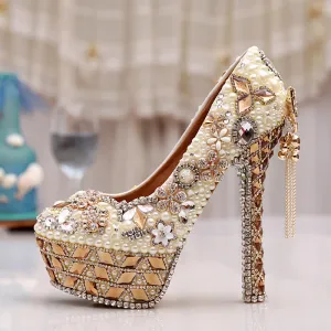 Champagne Rhinestone Pearl Handmade Super High Heel Wedding Shoes