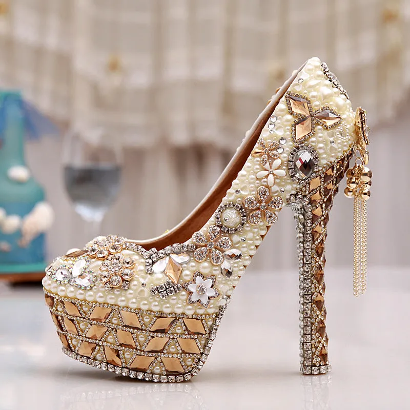 Champagne Rhinestone Pearl Handmade Super High Heel Wedding Shoes