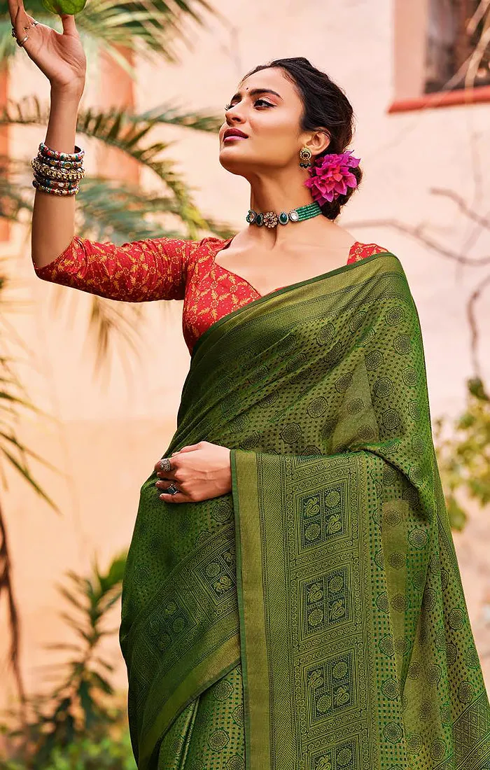 Designer Olive Green Brasso Printed Saree for Casual Wear (D450)