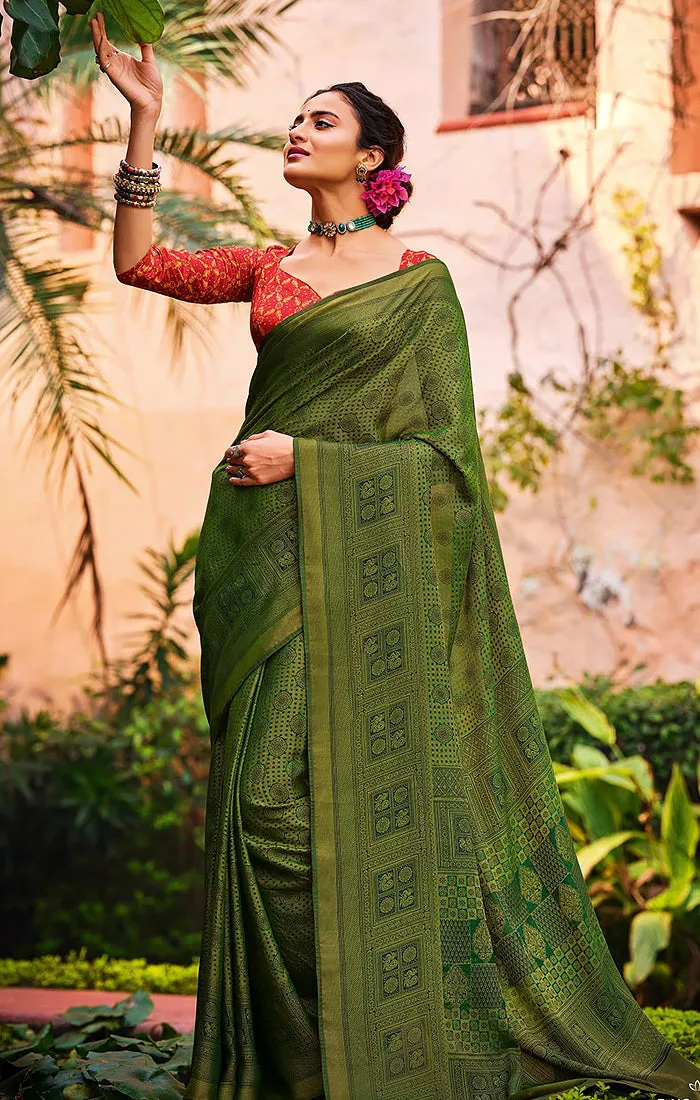 Designer Olive Green Brasso Printed Saree for Casual Wear (D450)