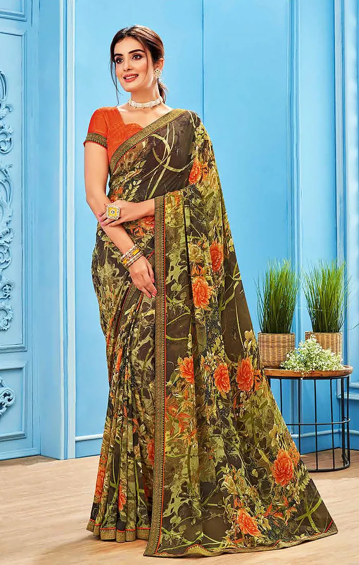 Designer Olive/Orange Georgette Printed Saree for Casual Wear (D503)