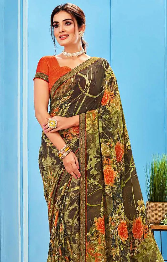 Designer Olive/Orange Georgette Printed Saree for Casual Wear (D503)