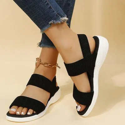 Elastic Strap Open Toe Low Heel Wedge Sandals
