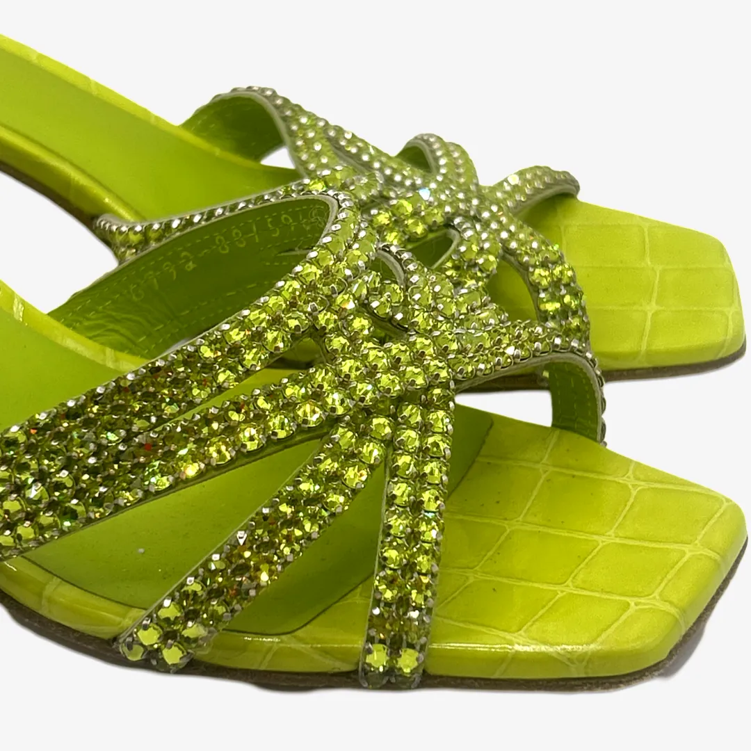 Gina lime green snakeskin embossed leather embellished sandal heels