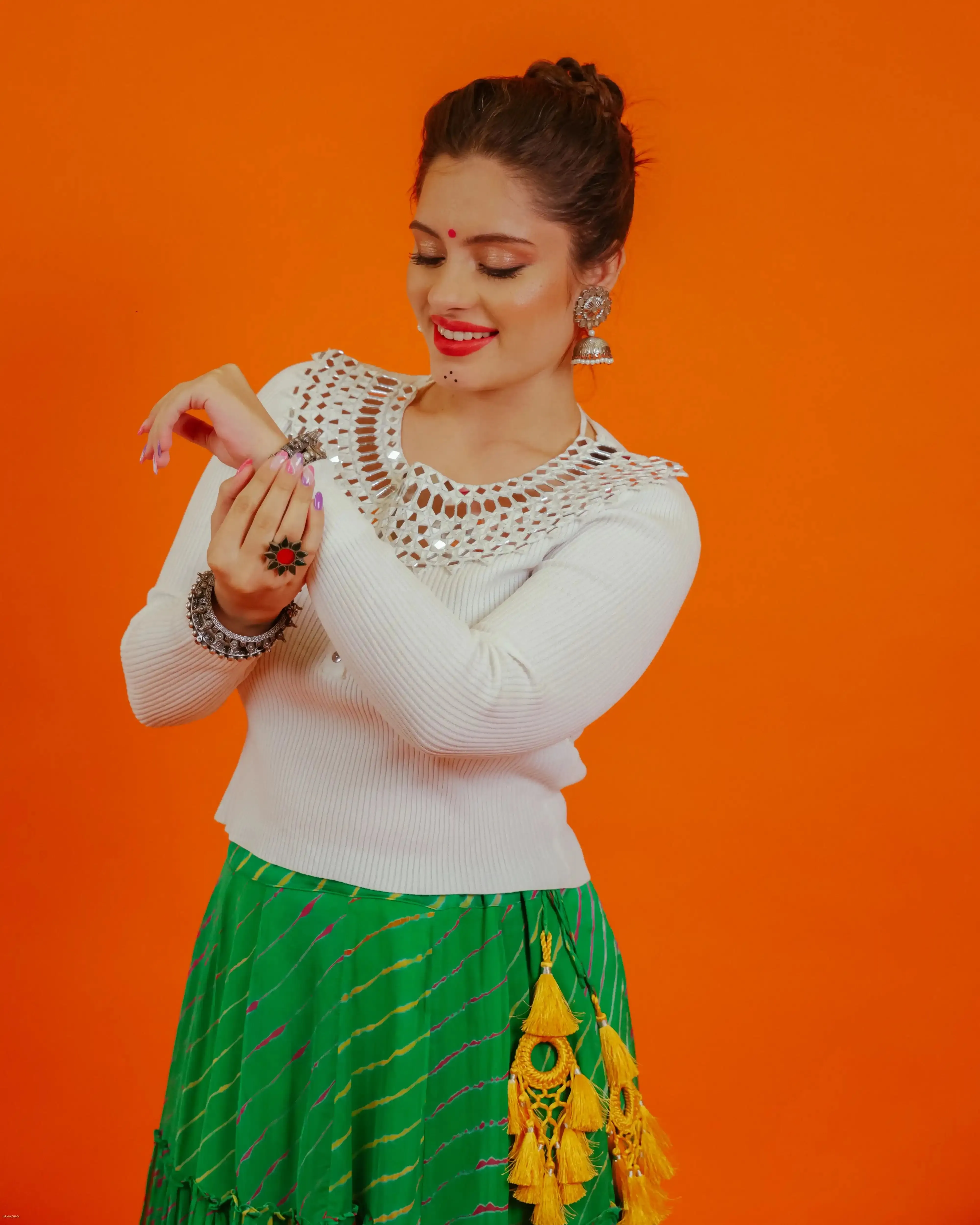 Green Chiffon Leheriya Skirt
