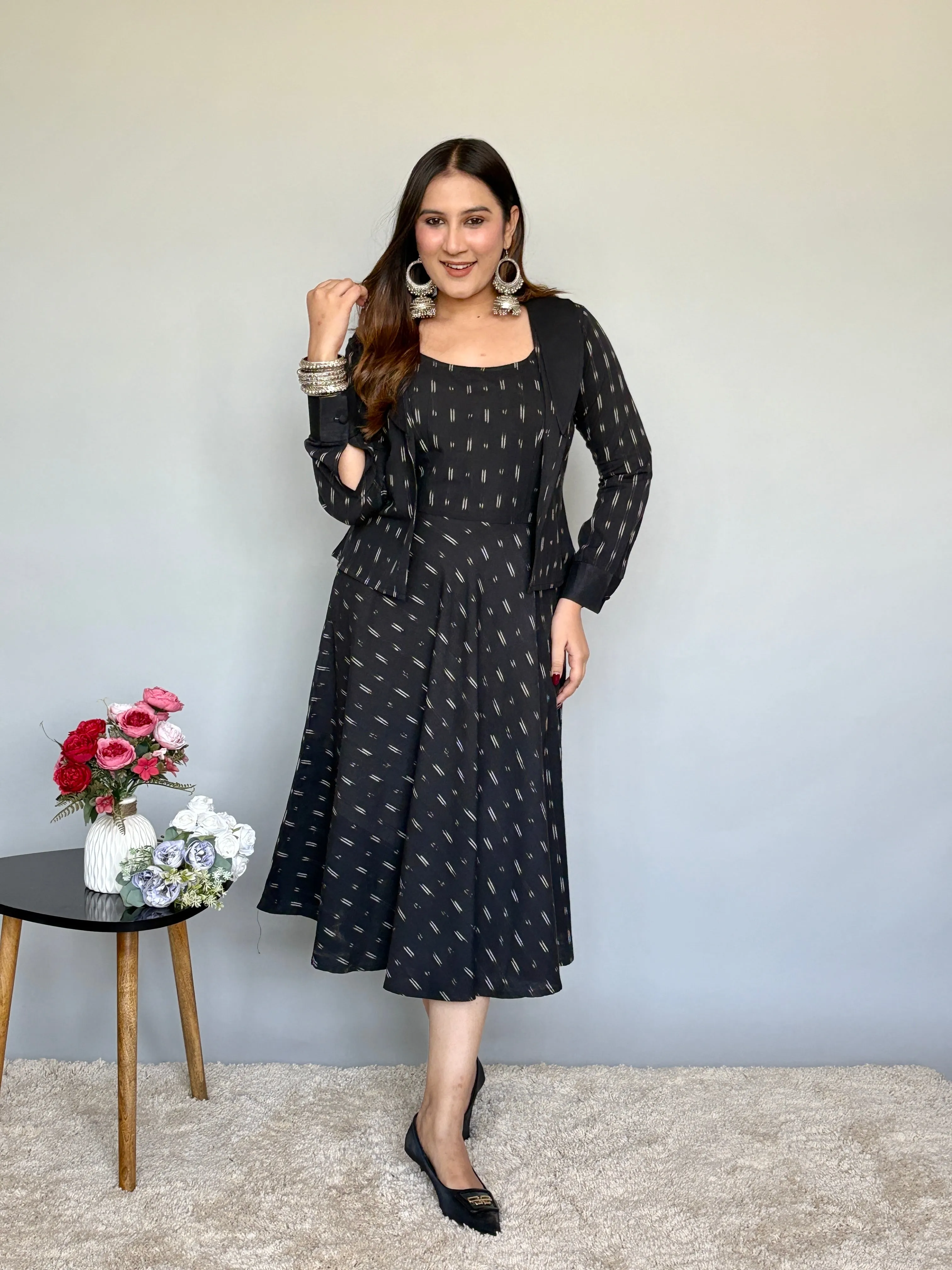 Ikat Printed Midi Dress With Jacket