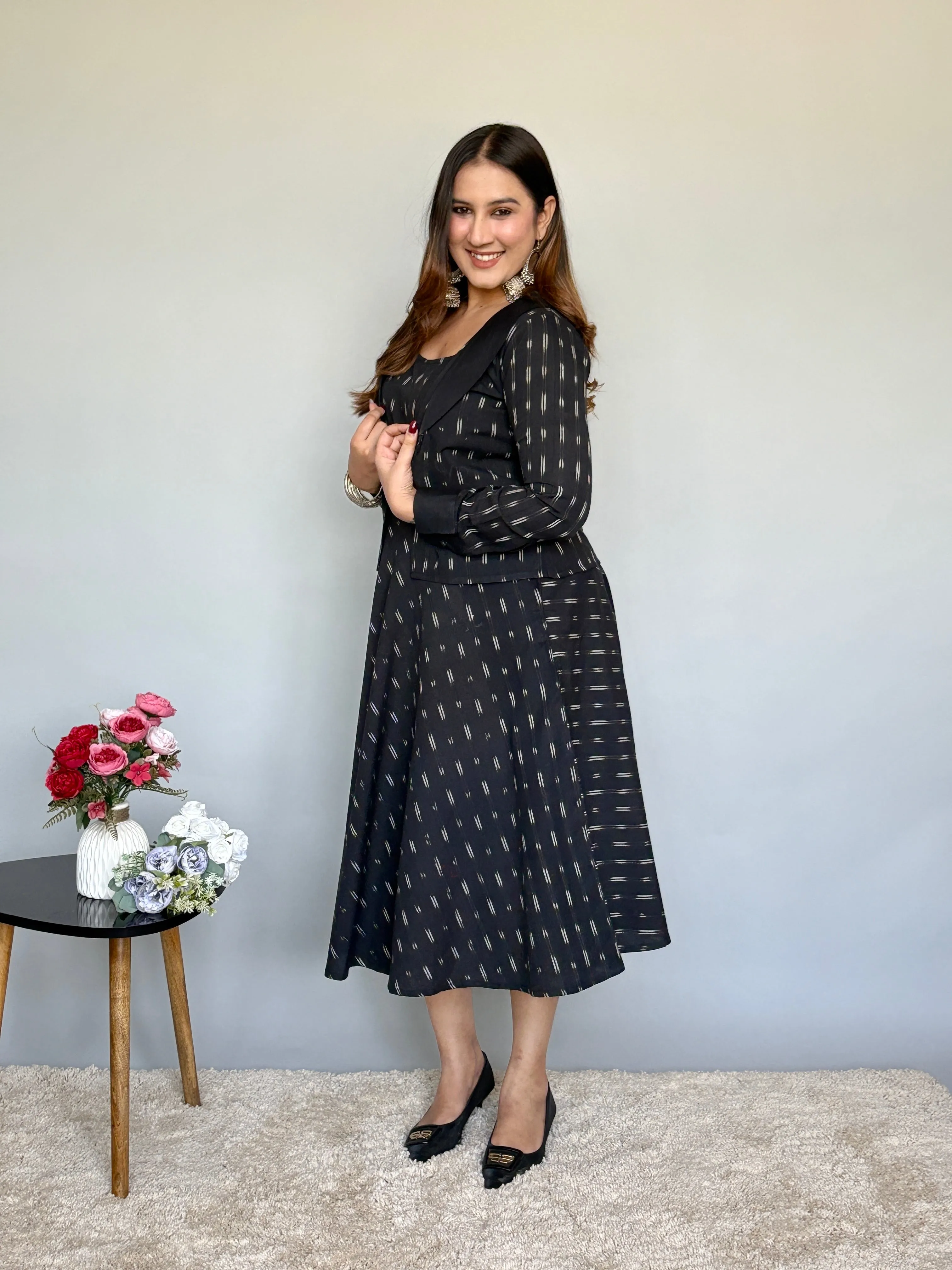 Ikat Printed Midi Dress With Jacket