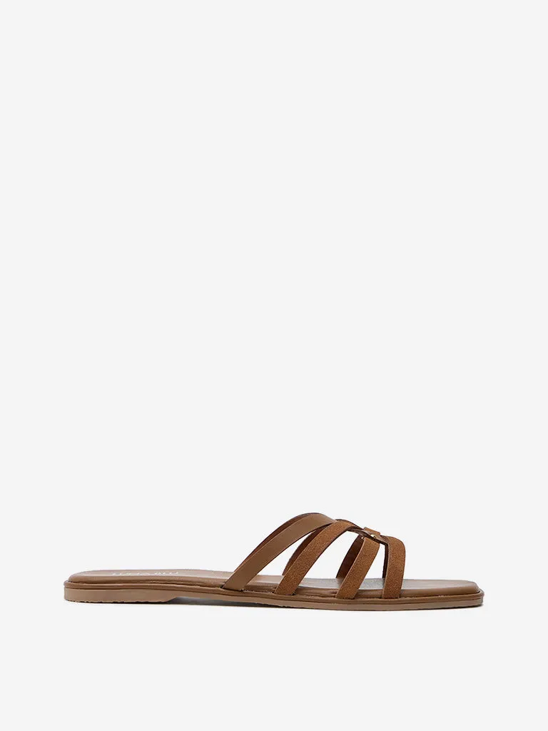 LUNA BLU Tan Multi-Strap Suede Slip-On Sandals