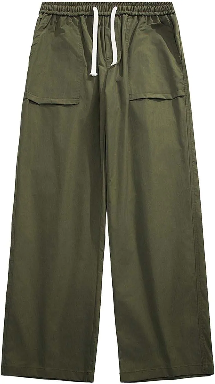 Mens Wide Leg Chino Pants Loose Fit Elastic Waist Drawstring Cargo Pants with Multi Pockets Open Bottom Comfort Sweatpants