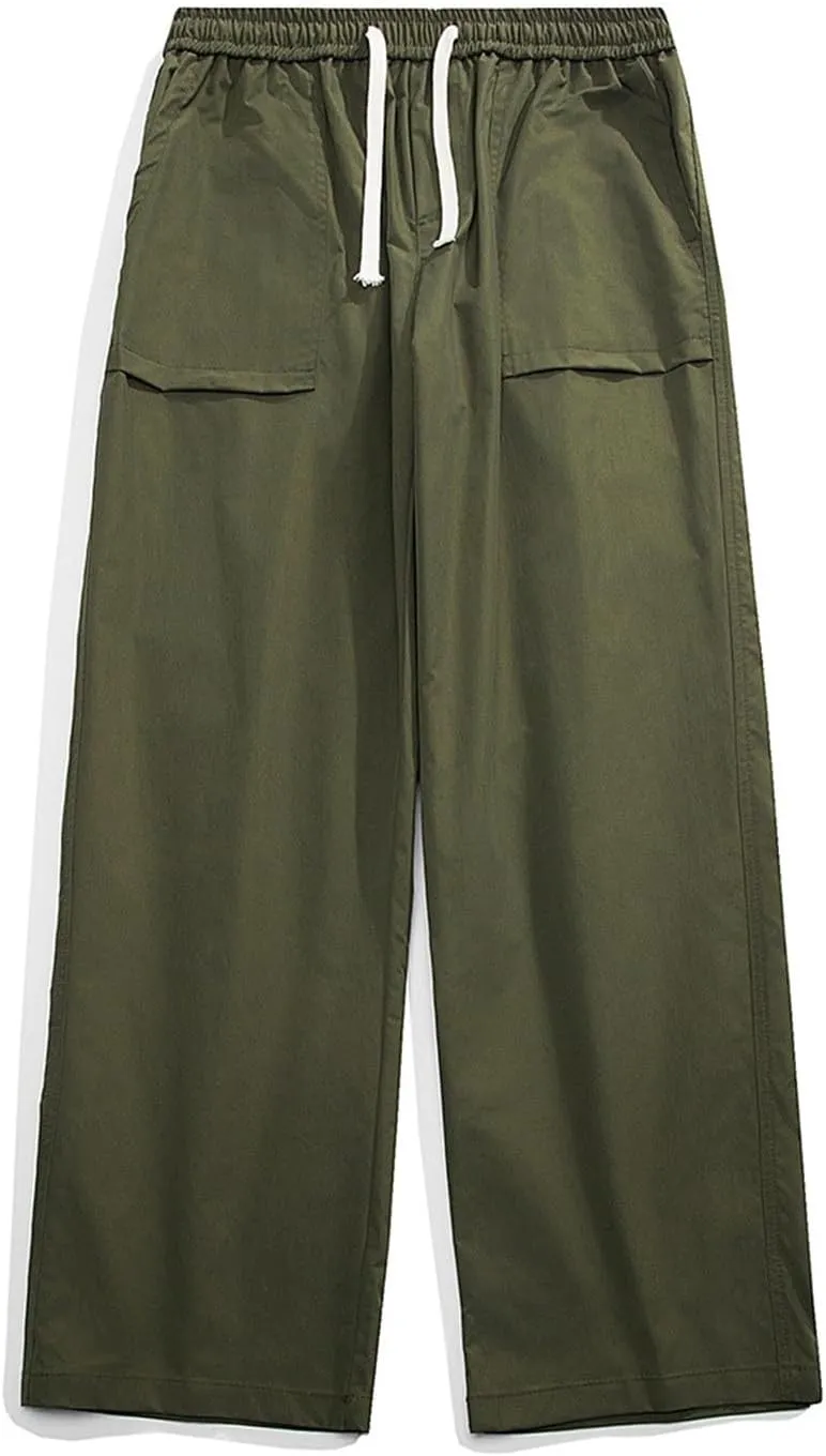 Mens Wide Leg Chino Pants Loose Fit Elastic Waist Drawstring Cargo Pants with Multi Pockets Open Bottom Comfort Sweatpants