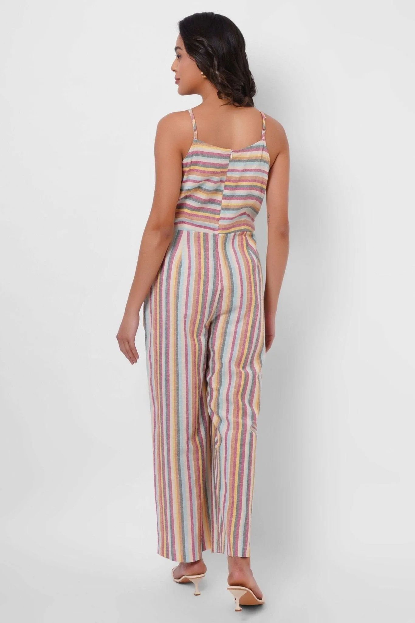Multicolor Sleeveless Linen Jumpsuit with Front Knot