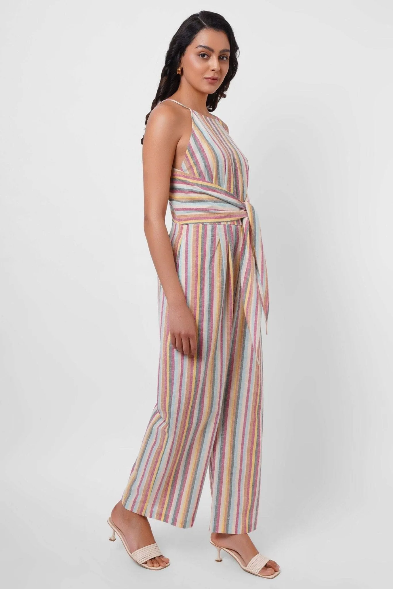 Multicolor Sleeveless Linen Jumpsuit with Front Knot