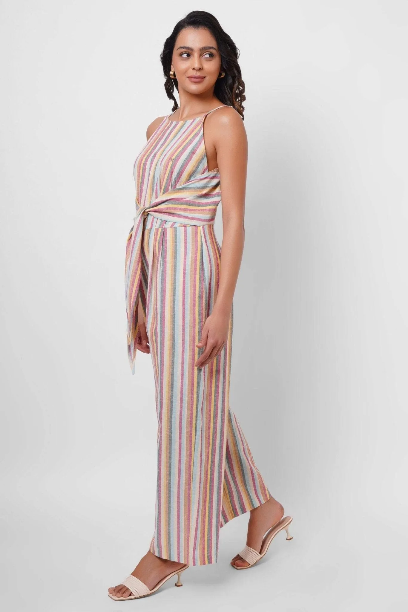 Multicolor Sleeveless Linen Jumpsuit with Front Knot