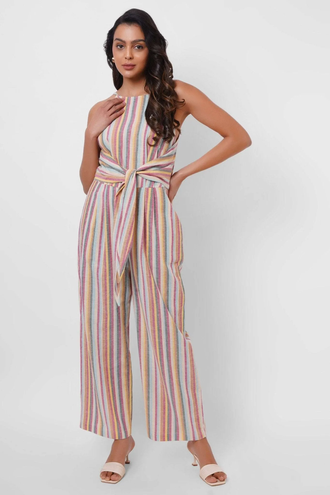 Multicolor Sleeveless Linen Jumpsuit with Front Knot