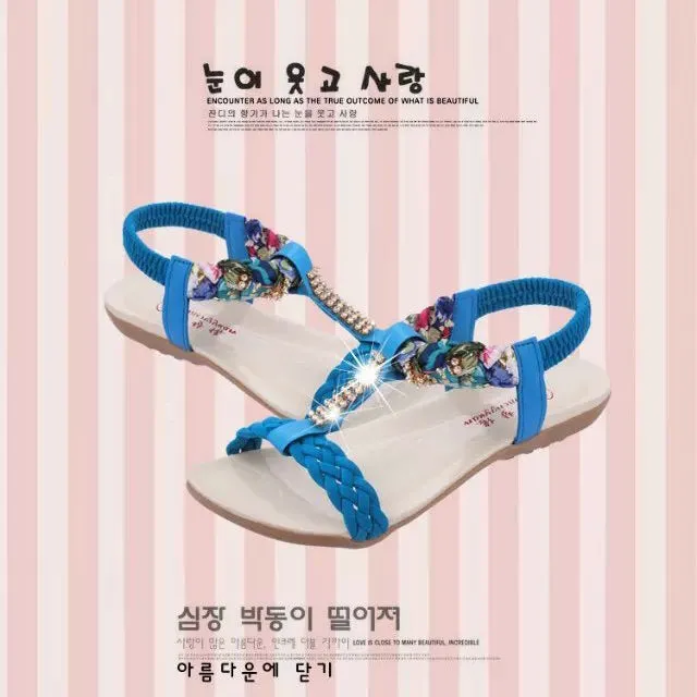 PU Flat Peep-toe Summer Ankle Strap Rihestone Sandals
