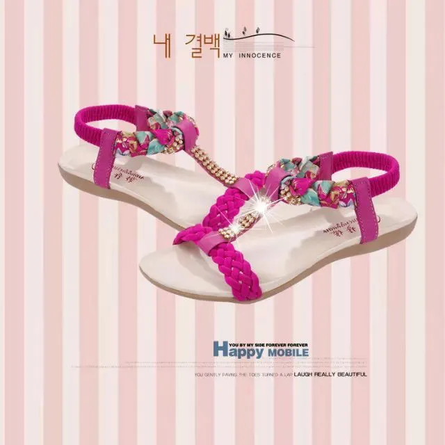 PU Flat Peep-toe Summer Ankle Strap Rihestone Sandals