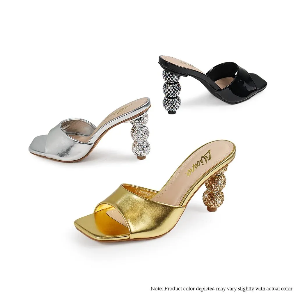 Rhinestone Ball Heel Slide Sandals (Black)