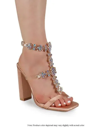 Rhinestone Chunky Heel Sandals (Nude)
