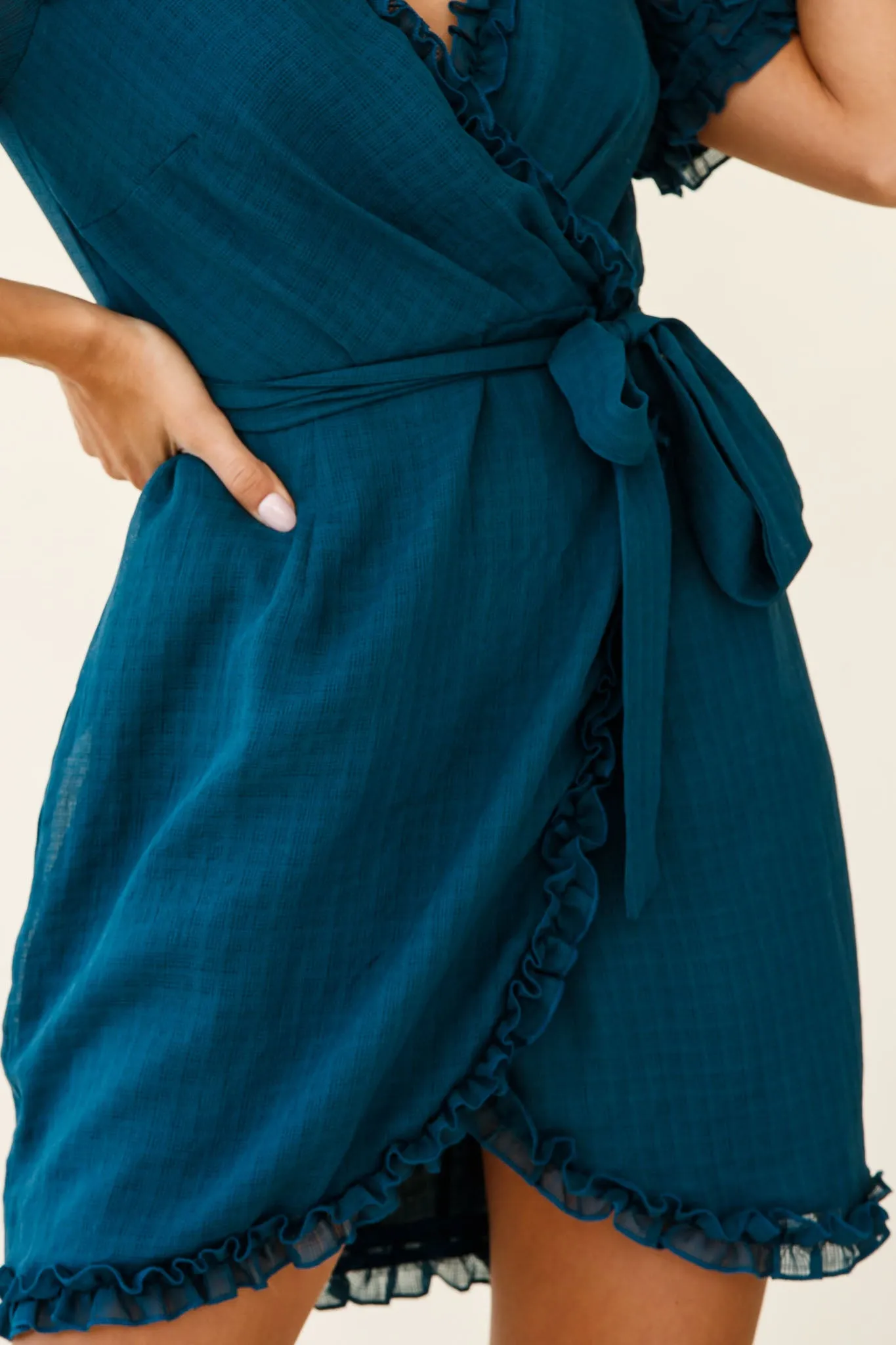 Shandra Short Sleeve Frill Trim Wrap Dress Teal