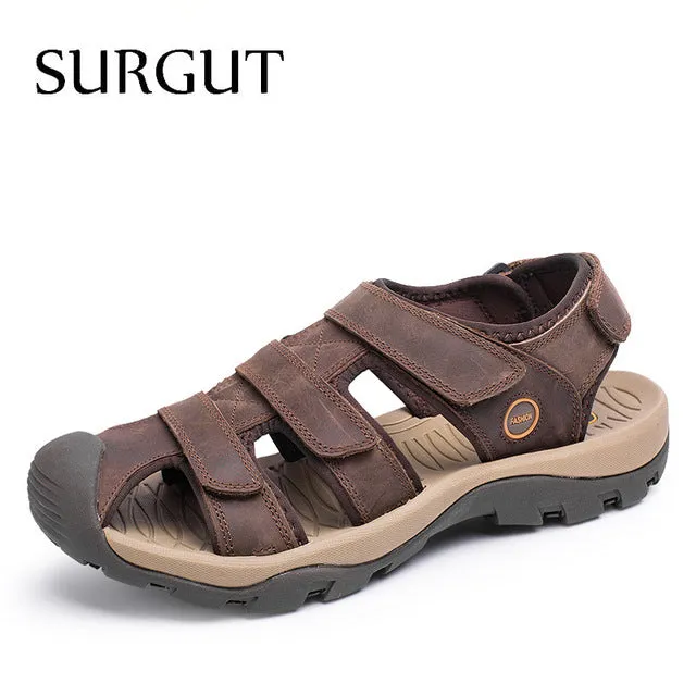 SURGUT Brand New High Quality Men Genuine Leather Sandals Breathable Comfortable Cozy Summer Shoes Fashion Flat Male Sandals