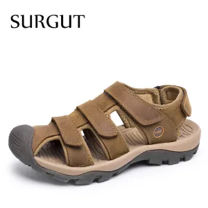 SURGUT Brand New High Quality Men Genuine Leather Sandals Breathable Comfortable Cozy Summer Shoes Fashion Flat Male Sandals