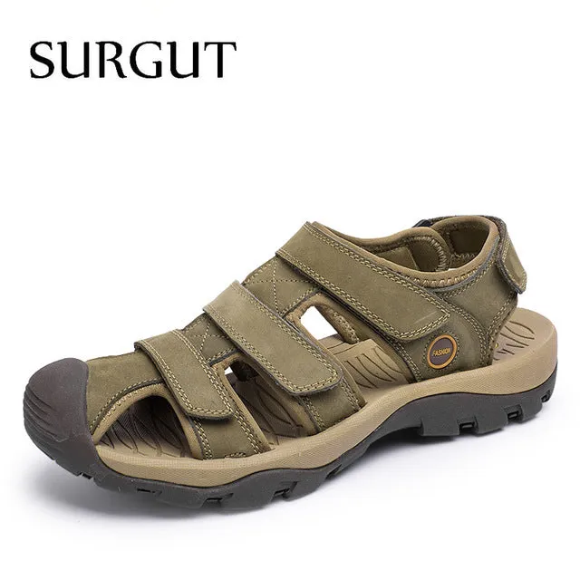 SURGUT Brand New High Quality Men Genuine Leather Sandals Breathable Comfortable Cozy Summer Shoes Fashion Flat Male Sandals