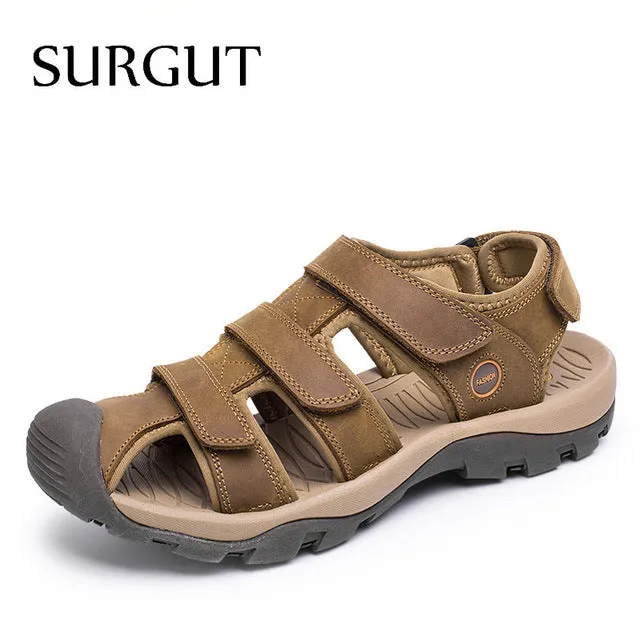 SURGUT Brand New High Quality Men Genuine Leather Sandals Breathable Comfortable Cozy Summer Shoes Fashion Flat Male Sandals