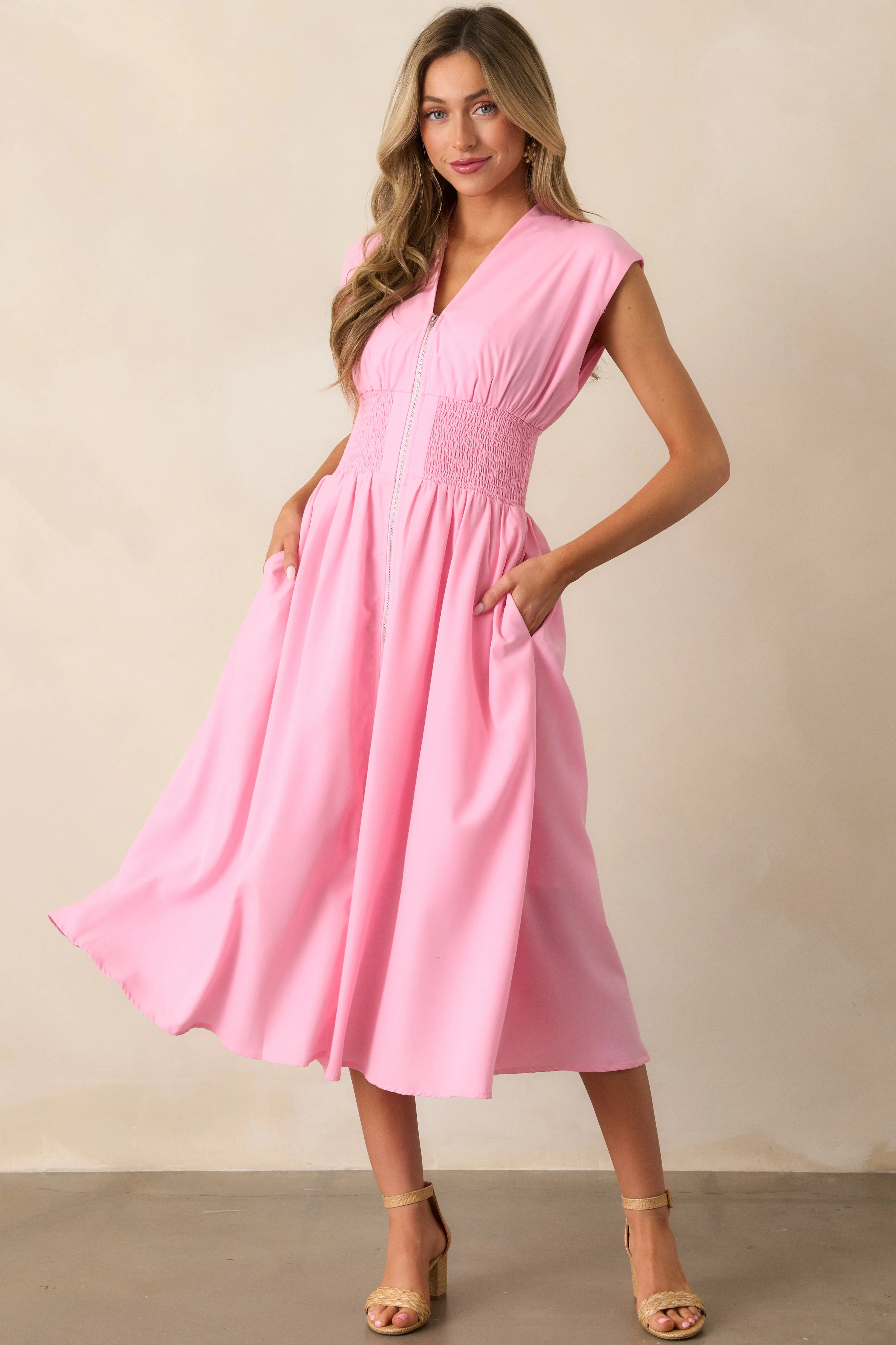 The Evette Baby Pink Zip Front Midi Dress