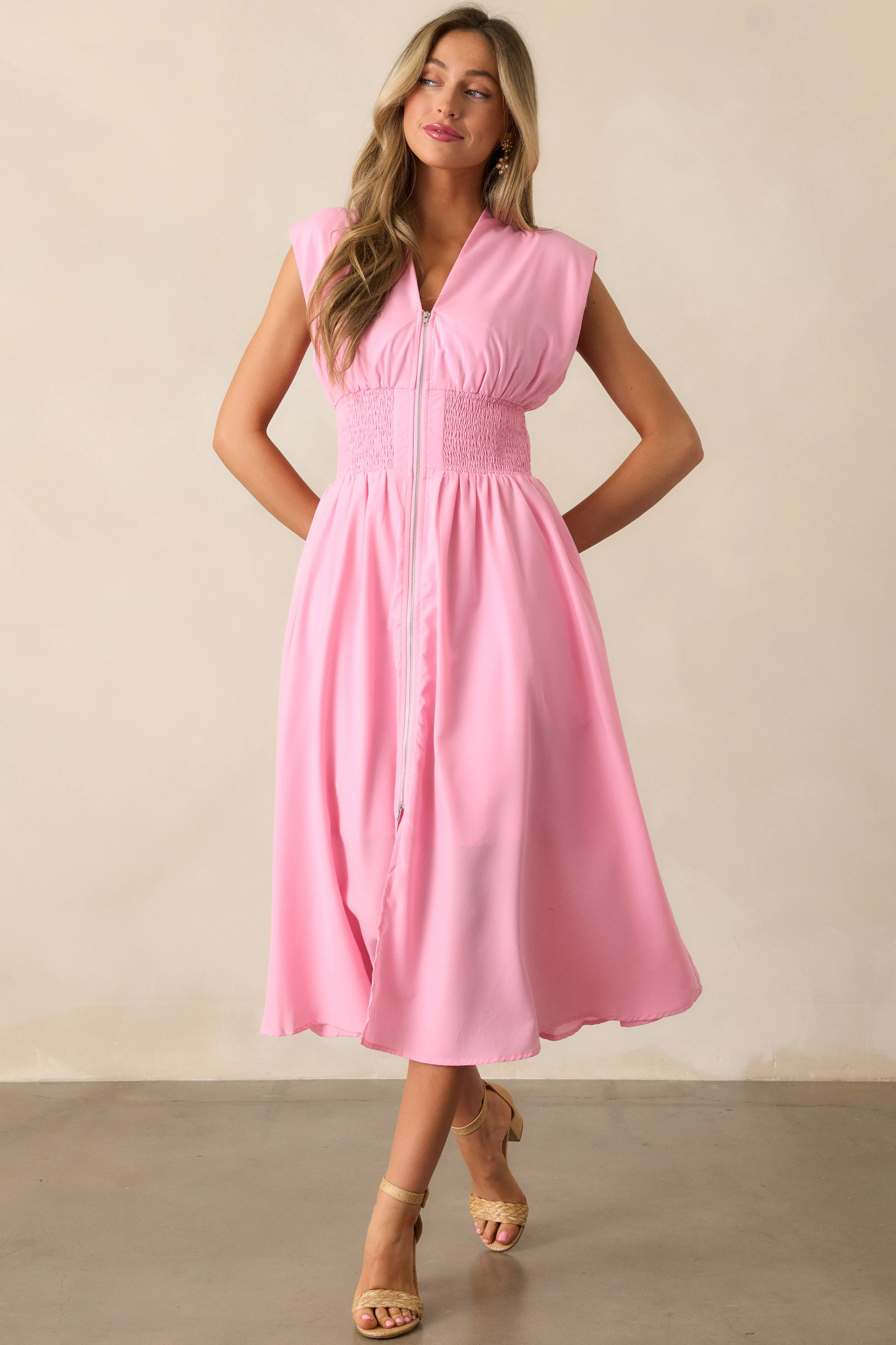 The Evette Baby Pink Zip Front Midi Dress