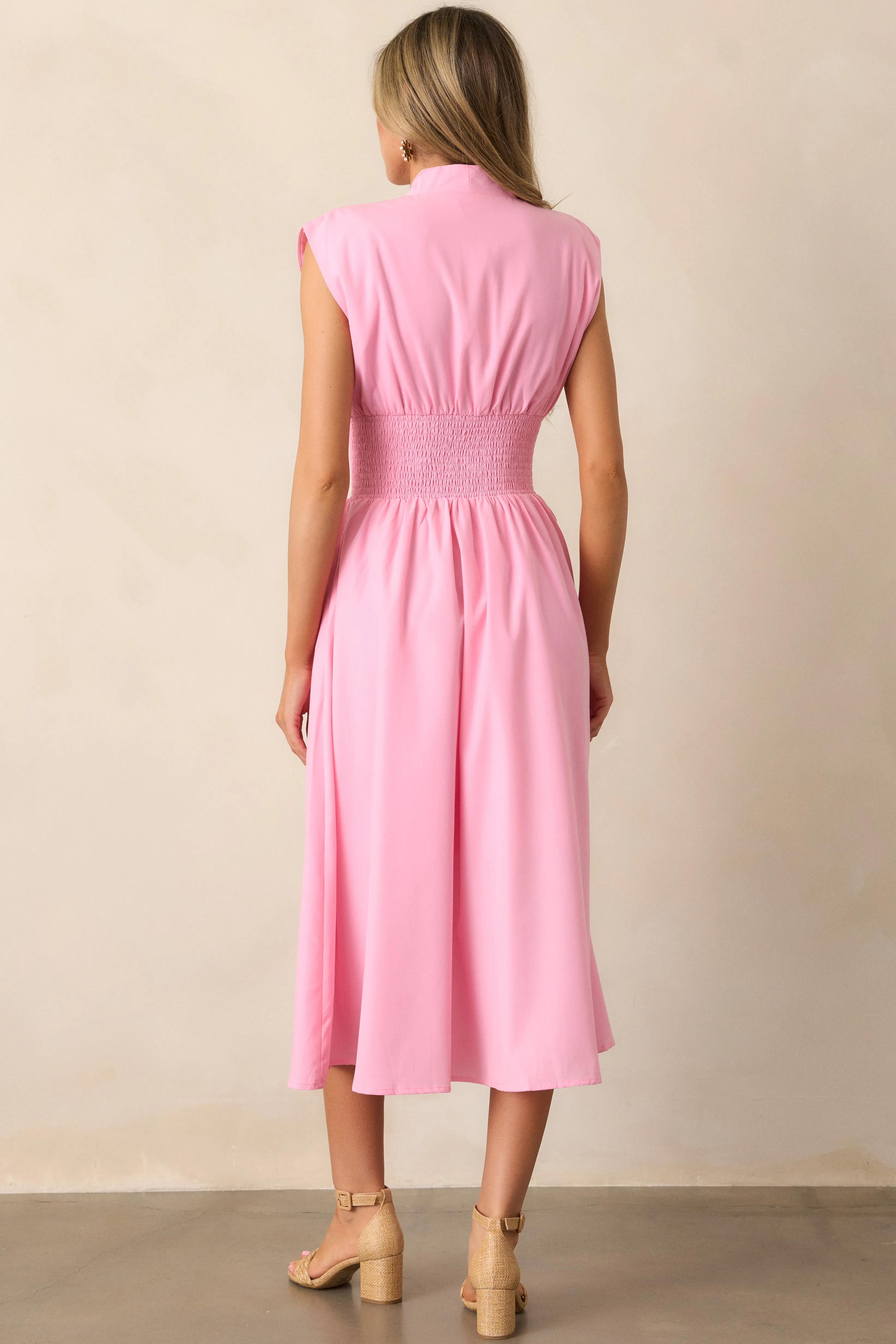 The Evette Baby Pink Zip Front Midi Dress