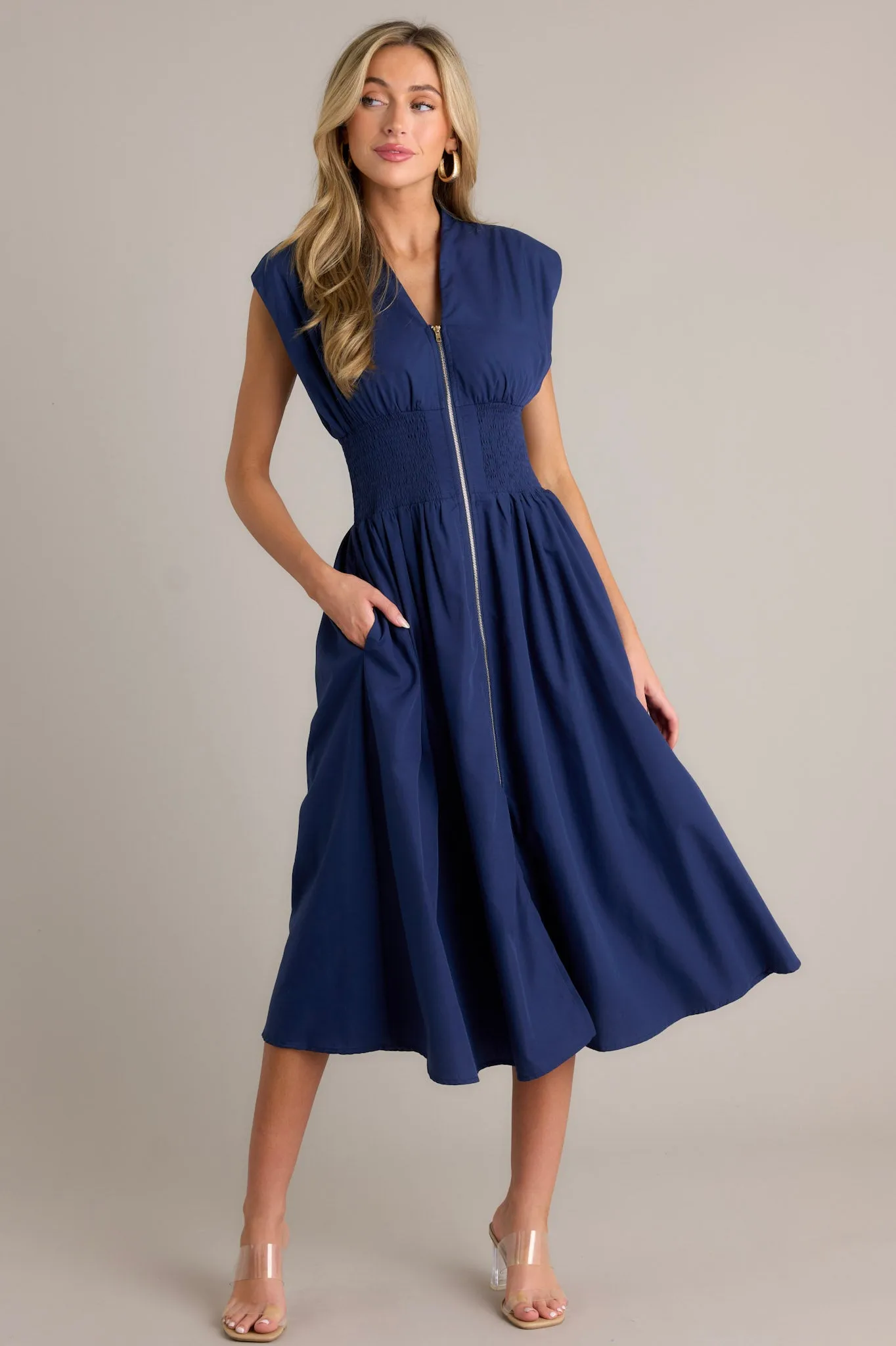 The Evette Navy Blue Zip Front Midi Dress