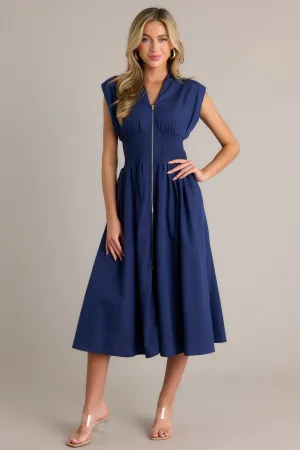 The Evette Navy Blue Zip Front Midi Dress