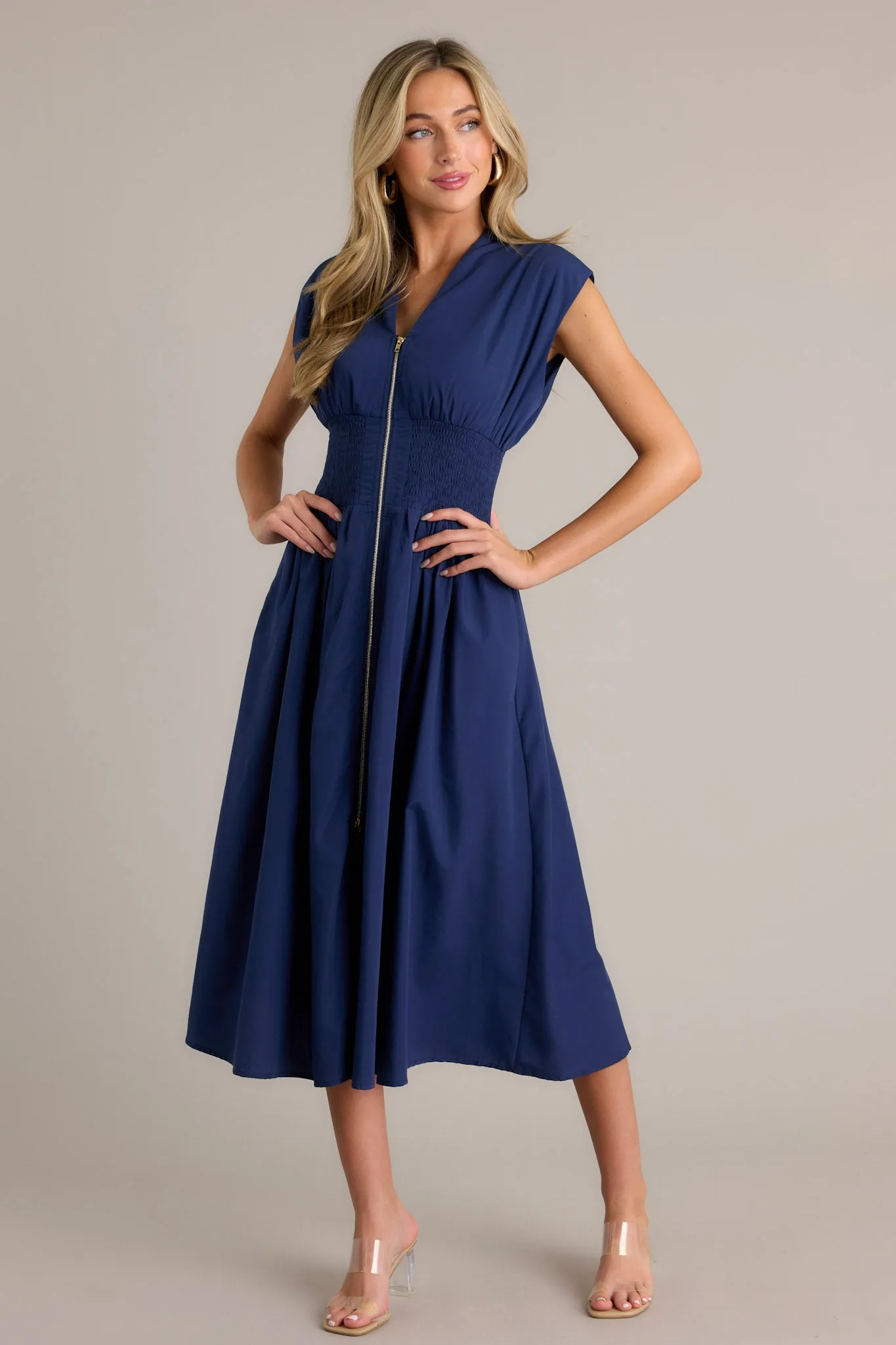 The Evette Navy Blue Zip Front Midi Dress