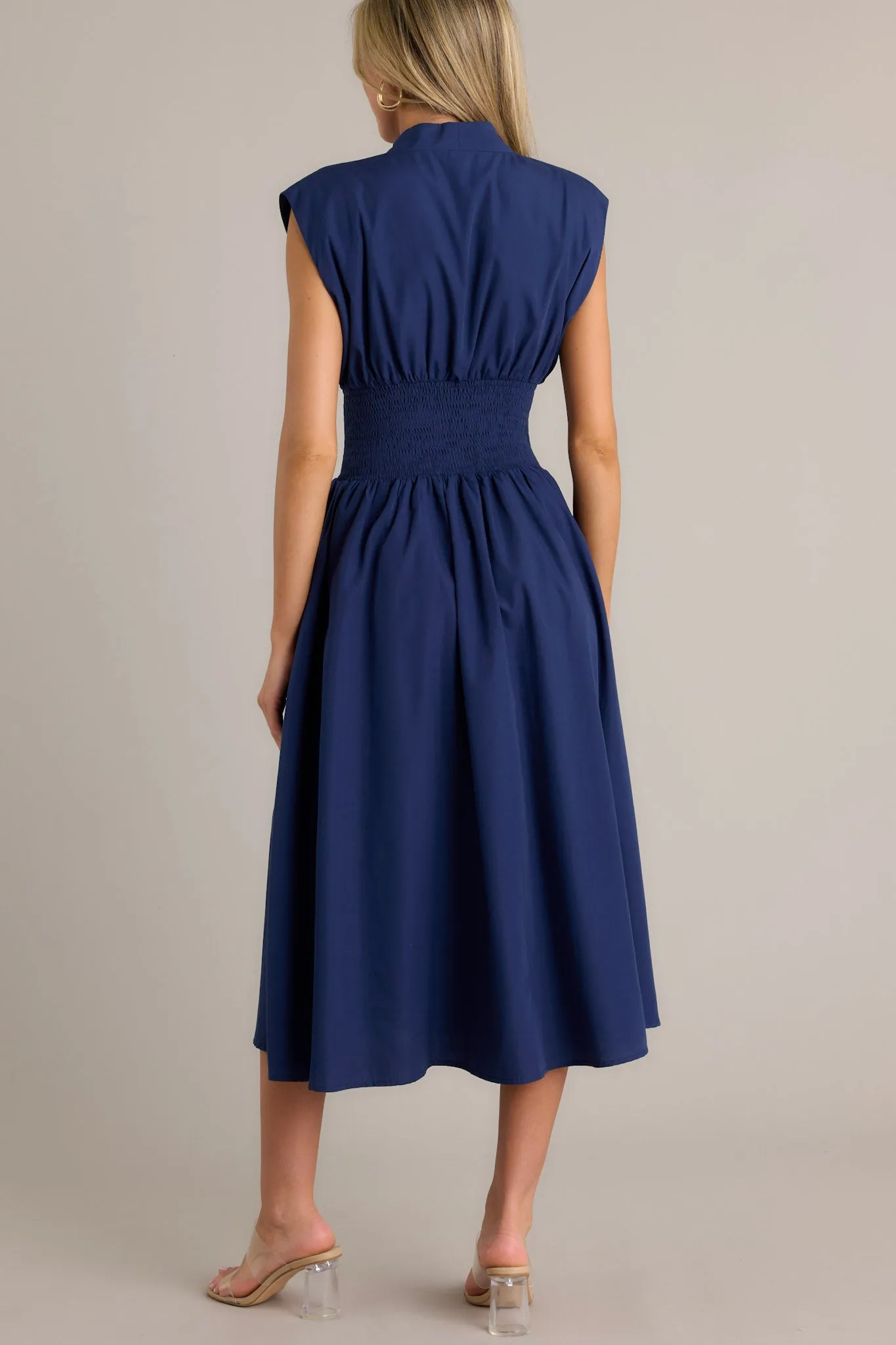 The Evette Navy Blue Zip Front Midi Dress