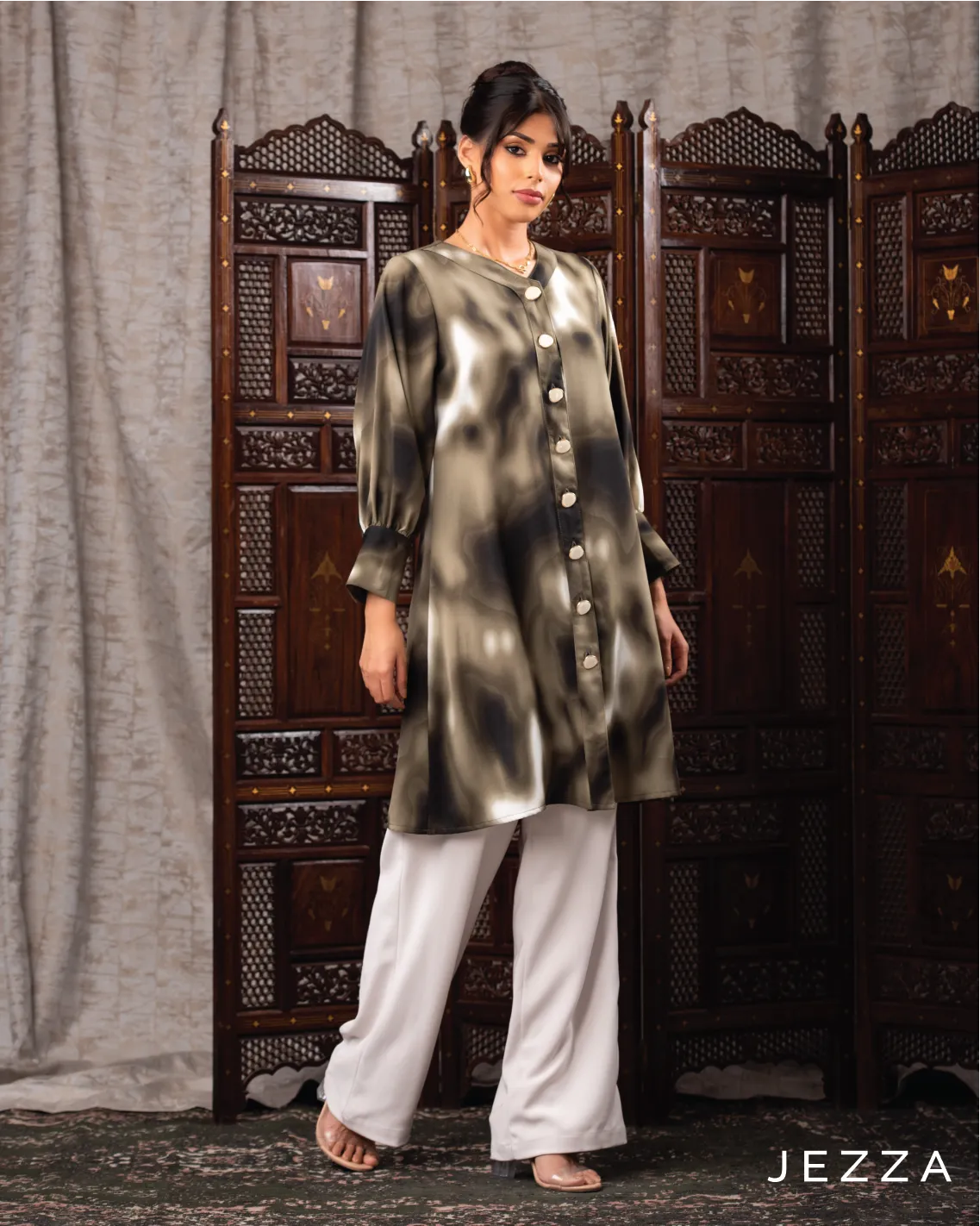 V-Neck Button Detail Knee-Length Top 62042
