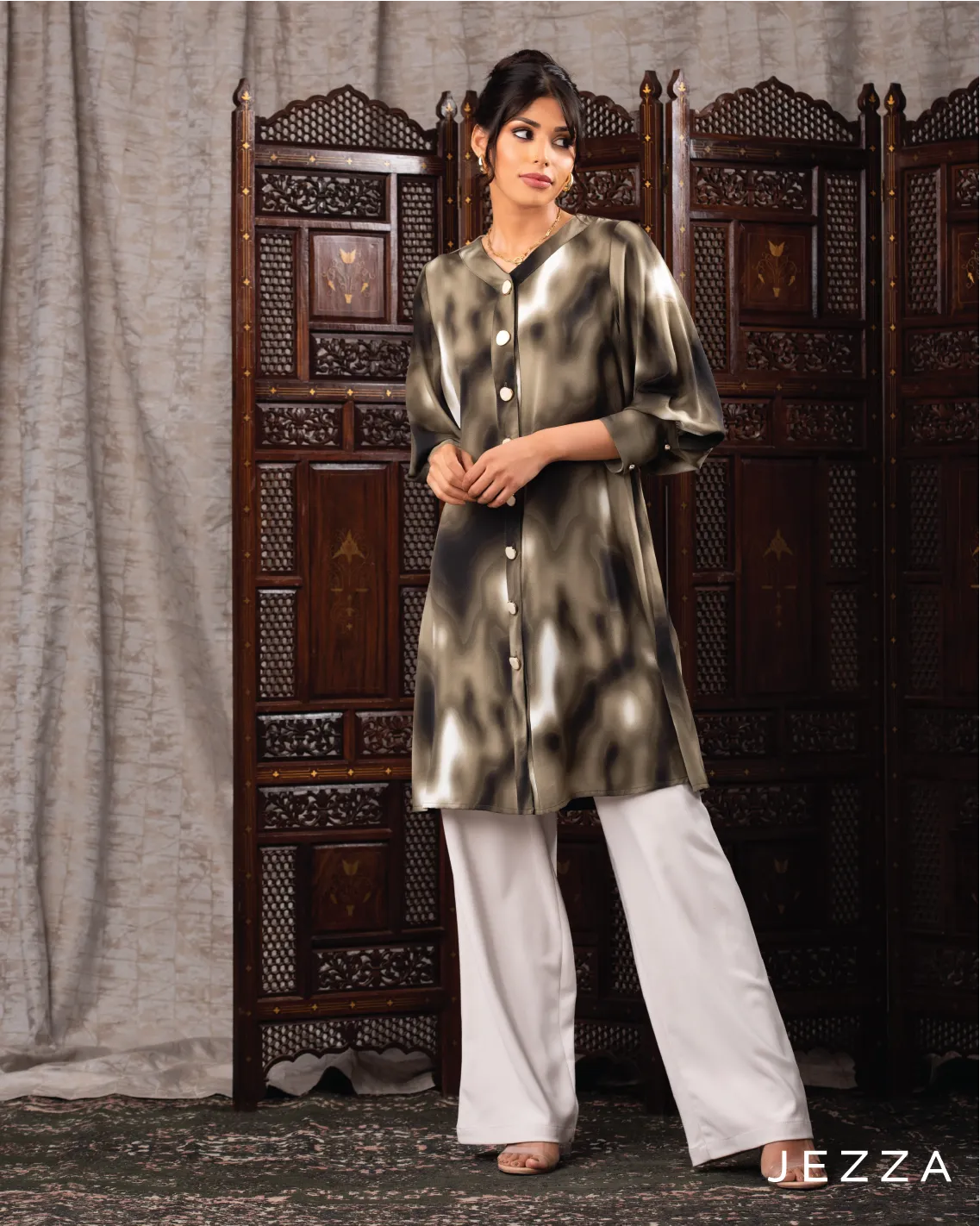 V-Neck Button Detail Knee-Length Top 62042
