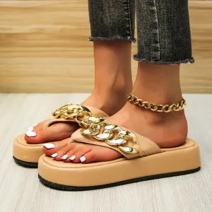 Vintage Metal Chain Khaki Platform Flip-Flops Summer Sandals