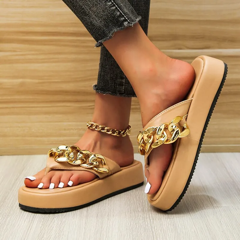 Vintage Metal Chain Khaki Platform Flip-Flops Summer Sandals